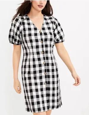 NWT Loft gingham check linen blend puff sleeve button down dress‎ Sz 6 petite thumbnail 1