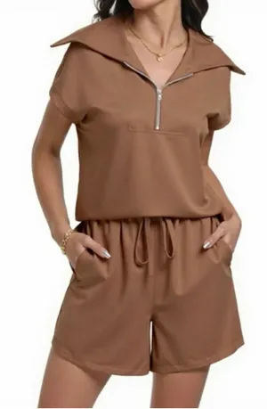 NEW 2 Piece Set Half Zip Lapel Collar Lounge Set Cap Sleeve Shorts Pockets S thumbnail 1