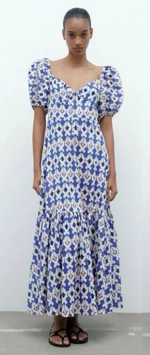 Zara Blue White Printed Short Puff Sleeve Smocked V-Neck Midi A-line Dress Sz L thumbnail 1