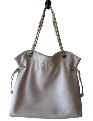 Tory Burch Marion Slouchy‎ Tote Light Oak Pebbled Leather Chain thumbnail 1
