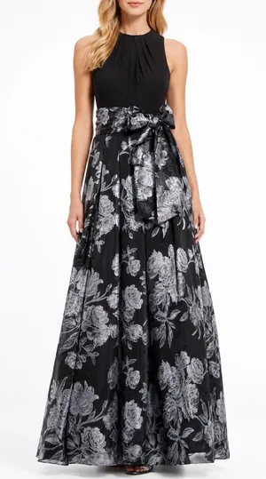 Eliza J Criss Cross Halter Neck Brocade Ling Dress Gown Black Silver Size 4 thumbnail 1