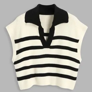 CIDER V Neck Cap Sleeve Sweater Vest Top Casual Trendy Striped Cream Black Sz. S thumbnail 1