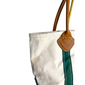 L.L. Bean Vintage 1980s Boat and Tote Canvas Cream Green Leather Handles – READ thumbnail 3