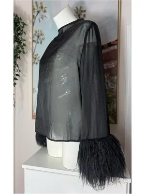 Shein Black Sheer Mesh Faux Fur Cuff Long Sleeve Blouse Keyhole Back Size XL 12 thumbnail 4
