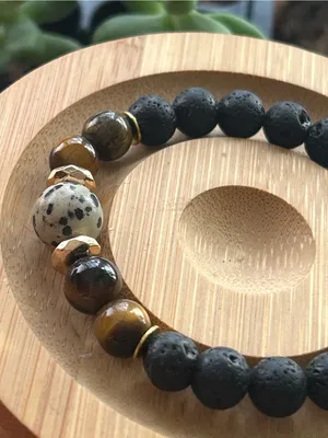 Black Lava Bead Bracelet with Dalmatian Jasper and Tiger Eye Accents thumbnail 4