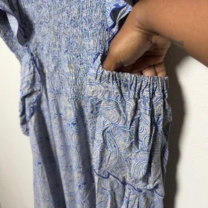 Women Cotton Smocked Midi Dress XL Blue Paisley Flutter Sleeve Nap Cottage thumbnail 2