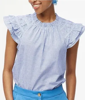 J.CREW Top Blue Striped NEW Flutter Sleeve Blouse 100% Cotton Size Small NWT thumbnail 1
