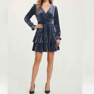 Baltic Born Navy Blue Velvet Faux Wrap Tiered Mini Dress Long Sleeve Size M thumbnail 13