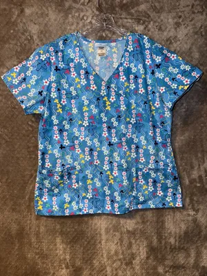 SB Scrubs Floral Butterfly Scrub Top Size L Blue V-Neck Pocket thumbnail 3