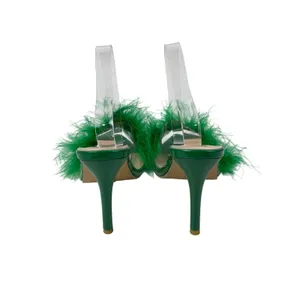 Women's Green Clear Strap Feather Trim Pointed Toe Stiletto Heels Sandals Sz 9.5 thumbnail 3