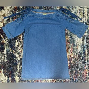 NEW Anthropologie Maeve Denim‎ Mini Shift Dress w/ Lace Up Shoulders Women’s S thumbnail 4