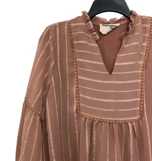 Savanna Jane Women's Split Neckline Brown Top Blouse ¾ Balloon Sleeves Size L thumbnail 3