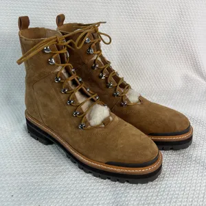 Marc‎ Fisher LTD Izzie Tan Suede Shearling Lace Up Combat Lug Sole Boots 9.5M thumbnail 1