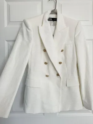 Zara blazer jacket textured double breasted white golden buttons office casual thumbnail 6