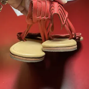 L.L.Bean Sandals 7M Red Leather Flat Tassel Slingback Bow Artsy woven festival thumbnail 7