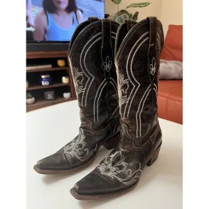 Pecos Bill Leather Cowgirl/cowboy Boots Sz 6 Women’s Distressed Drk‎ Brown White thumbnail 2