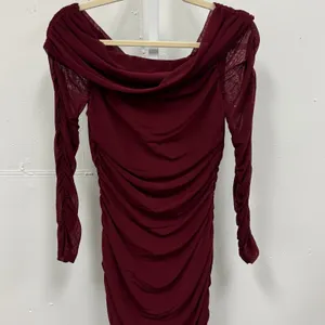 NWT Pretty Garden Burgundy Mesh Ruched Off Shoulder Bodycon Midi‎ Dress Wine Med thumbnail 2