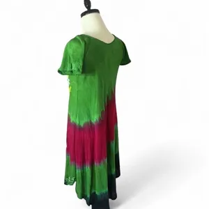 Embroidered Tie‎ Dye Dress Green Pink Floral Short Sleeve Casual thumbnail 3