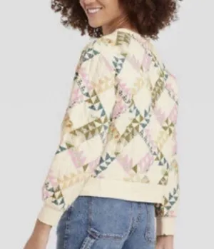 Universal Threads Quilt Quilted Cream Colorful Crew Neck Sweater Top Pullover thumbnail 3