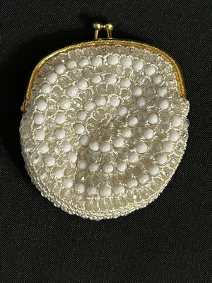 Handcrafted White Beaded Coin Purse with Gold Frame thumbnail 2
