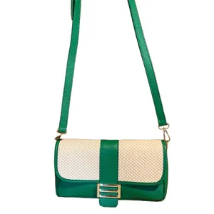 Divina Firenze Emerald Green Leather And Cream Rattan Crossbody Bag thumbnail 9