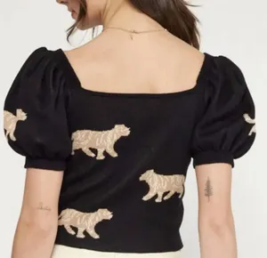 Entro Jaguar Print Puff Sleeve Knit Top Black thumbnail 2