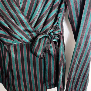 Zara Striped Sateen Wrap Blouse Medium Black thumbnail 4