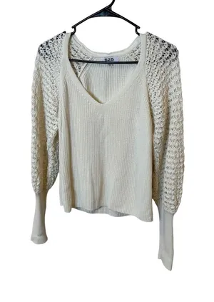 525 America Women Cream Cotton Ribbed V-Neck Sweater‎ Crochet Balloon Sleeve M thumbnail 1