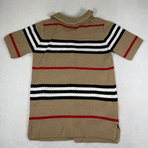 Tan‎ Striped Pointelle Knit Button Up Short Sleeve Polo Shirt Collared Sweater M thumbnail 4