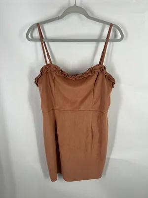 FIKA the BRAND Faux Suede Ruffle Mini Dress Brown Size L thumbnail 3