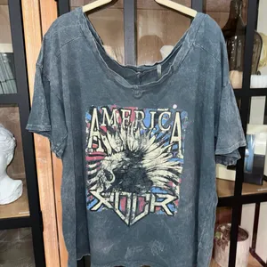 Hot Topic Akira america rock graphic tee wide v boat neck acid wash faded Tshirt skull thumbnail 8