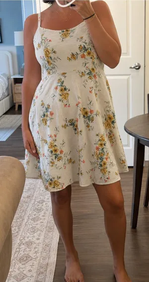 Old Navy White Floral Mini Dress with Yellow & Green Bouquet thumbnail 1