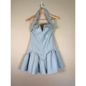 Meshki Light Blue Halter Mini Dress V-Neck Bubble Hem Cotton Blend Size S NEW thumbnail 2