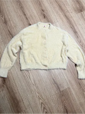 LEVI'S Betty Cardigan Cream Fuzzy Eyelash Knit Cropped Button Up Womens M thumbnail 2