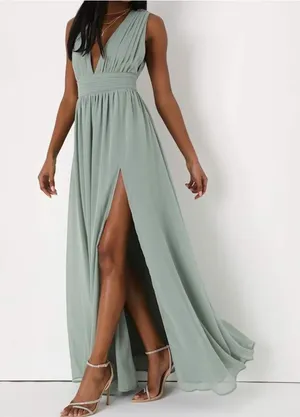 Lulus NWOT Heavenly Hues Sage Green Brush Woven Chiffon V-Neck Maxi Dress Large thumbnail 1