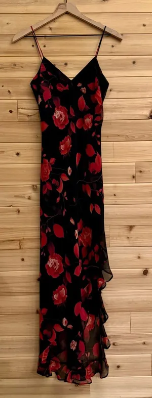 Vintage Y2K Small Black Red Floral Rose Ruffle Maxi Dress Salsa Whimsigoth Party thumbnail 1