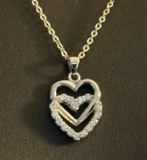 Vintage silver tone cubic zirconia double heart pendant necklace thumbnail 6