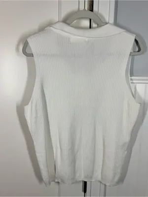 Grace Karin White Ribbed Sleeveless Button-Down Top‎ minimalist old money new xl thumbnail 3