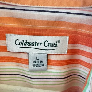 Y2K Coldwater Creek Large Orange Green Striped Cotton‎ Button Down Shirt H33599 thumbnail 5