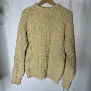 Unbranded Aran Cable Knit Wool Sweater Cream Fisherman Chunky Crewneck thumbnail 2