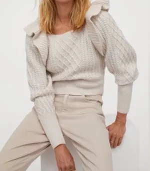 HM Cable Knit Ruffle Collar Sweater Wool Blend Cream Square Neck Small thumbnail 1