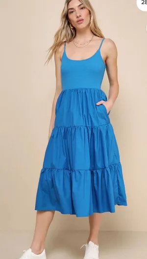 Lulus loveable cutie Blue sleeveless Tiered Midi Dress small NWT thumbnail 1