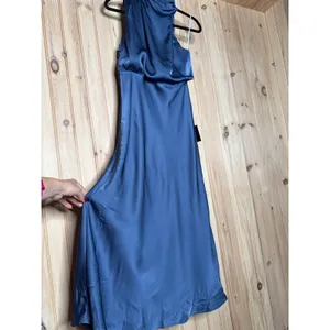 NWT Lulus Distinctive Charm Slate Blue Satin Asymmetrical Midi Dress Wedding S thumbnail 4