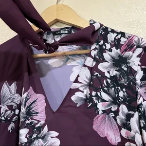 Natori Purple Floral Neck Tie Button Down Blouse thumbnail 6