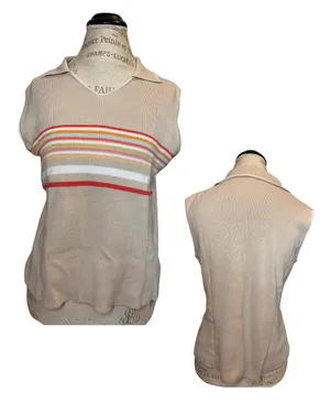 Striped Collared Sleeveless Top Tan Size 1X thumbnail 2