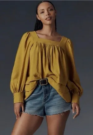 Anthropologie Maeve Boho Smocked Sleeve Square Neck Blouse Gold/Mustard thumbnail 1