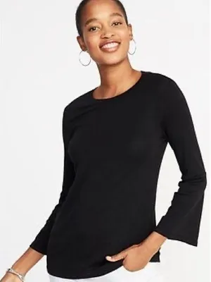 Black Rib Knit Bell Sleeve Crewneck Top Shirt Medium thumbnail 1