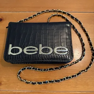 Bebe Fabiola Stamped Crocodile Faux Leather Crossbody Small‎ Handbag Black Gold thumbnail 1