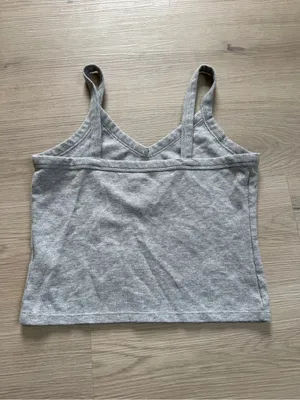 Gray Ribbed V-Neck Camisole Tank Top Mushroom Embroidery Boho Indie Y2K style thumbnail 3