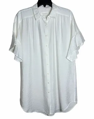 Anthropologie Ruffle Short Sleeve Button Down‎ White Crinkle Textured Tunic M thumbnail 1